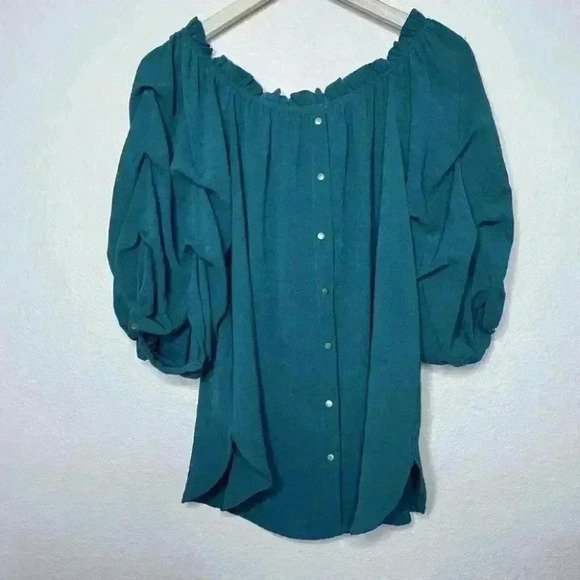 Womens Emerald Green Puff Sleeve Button Back Blouse Small Gold Buttons - Picture 6 of 7